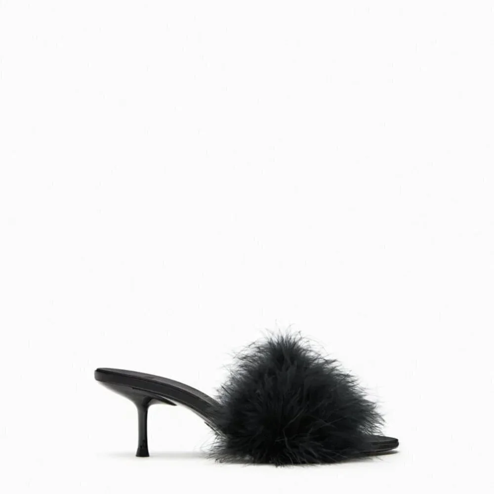 ZARA HEELED MULES WITH FEATHERS Black SIZE  | 1302/110/800